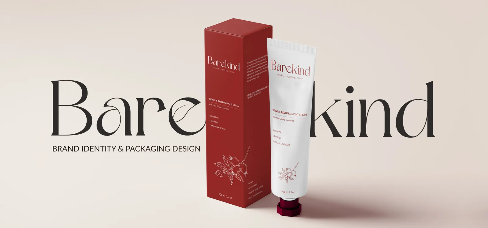 Brand identity and packaging for an ingredient-first skincare range.