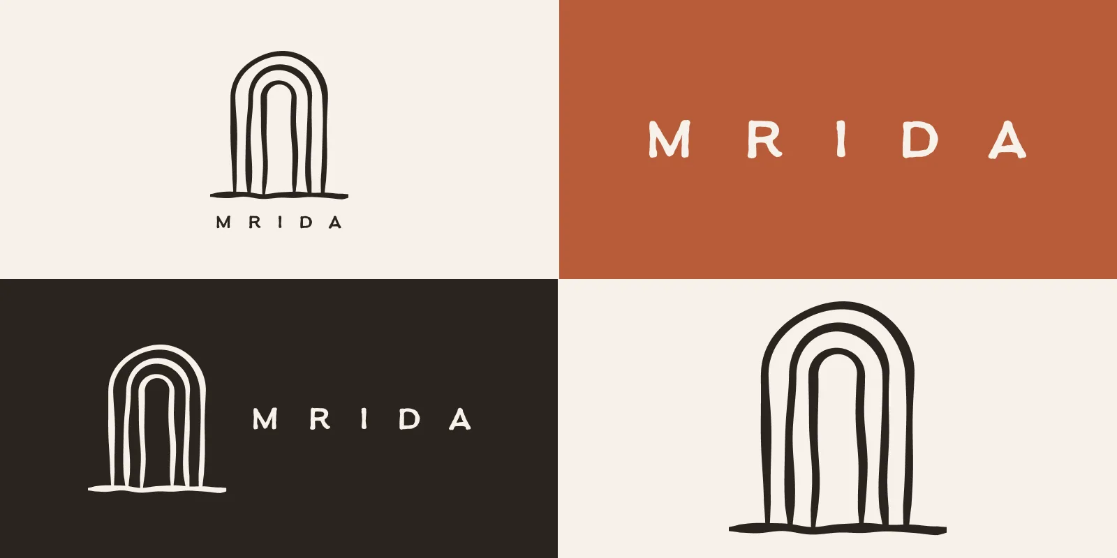 The four approved Mrida lockups. Stacked and horizontal, positive and reversed, shown on Chalk, Clay and Loam.