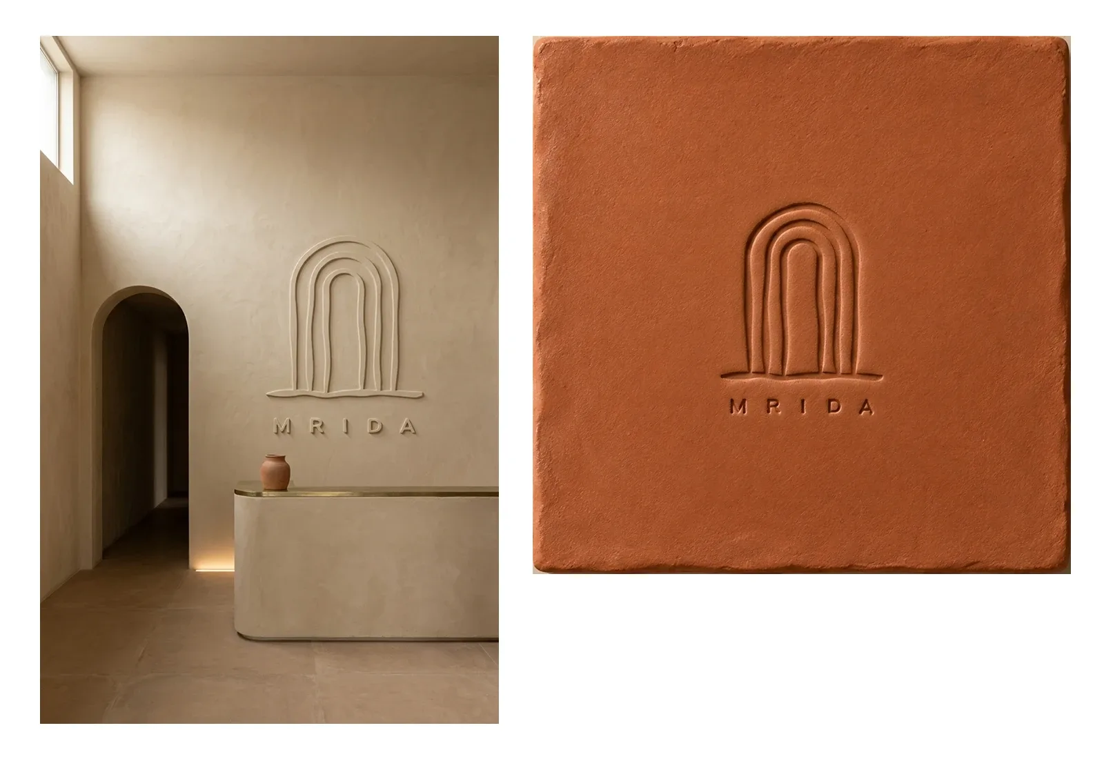 The Mrida mark in plaster relief above the reception counter, and pressed into an unglazed terracotta threshold tile.