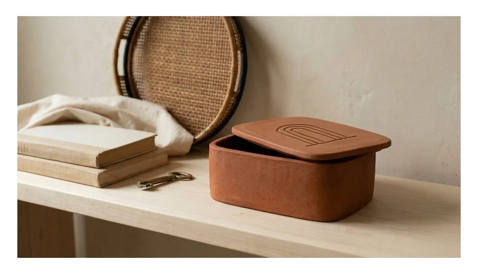 The Mrida phone box. A lidded hand thrown terracotta box on a pale wood console at reception, with the mark pressed into the lid.