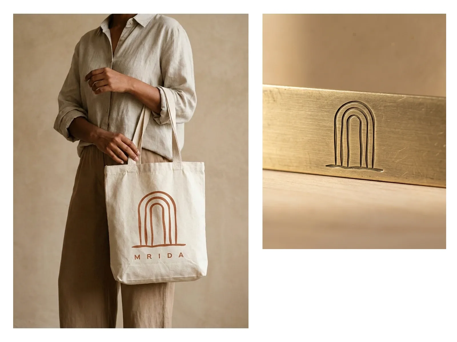 The Mrida tote printed in Clay on unbleached cotton canvas, and the mark engraved into the brushed brass edge of the reception counter.