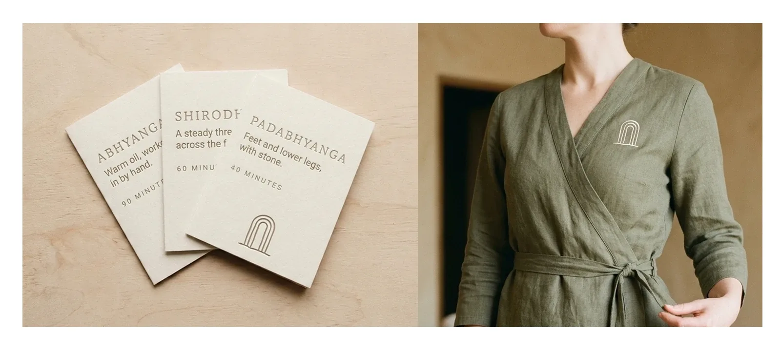 Three blind debossed Mrida treatment cards for Abhyanga, Shirodhara and Padabhyanga, and the mark embroidered in Chalk on the olive linen staff uniform.