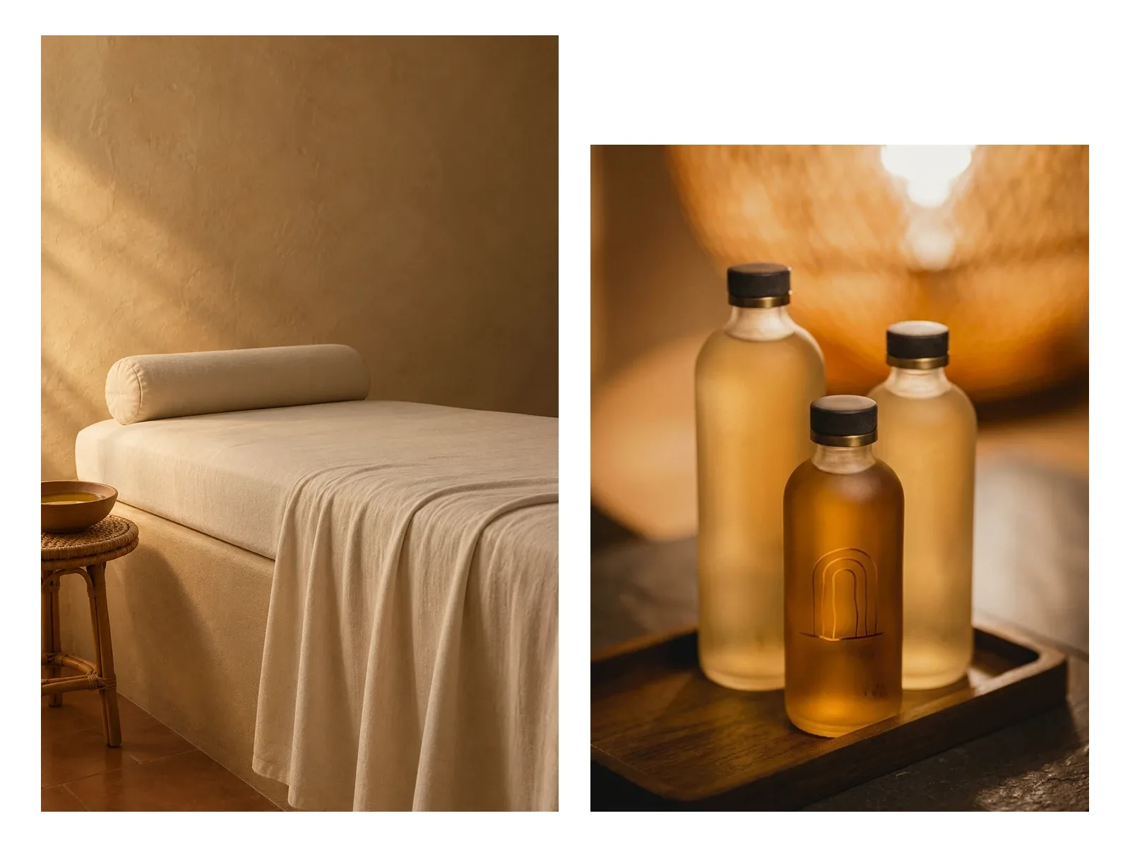 A Mrida treatment room in lime plaster and terracotta, and the oil bottles in frosted glass with the mark on the label.