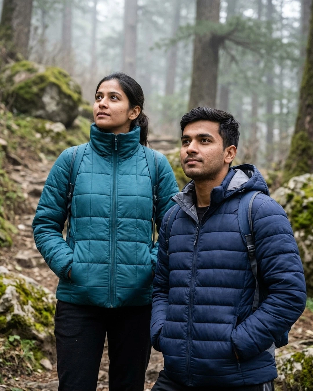 The ad rebuilt around a single photograph of two trekkers standing on a misty forest trail, with no copy on it yet.