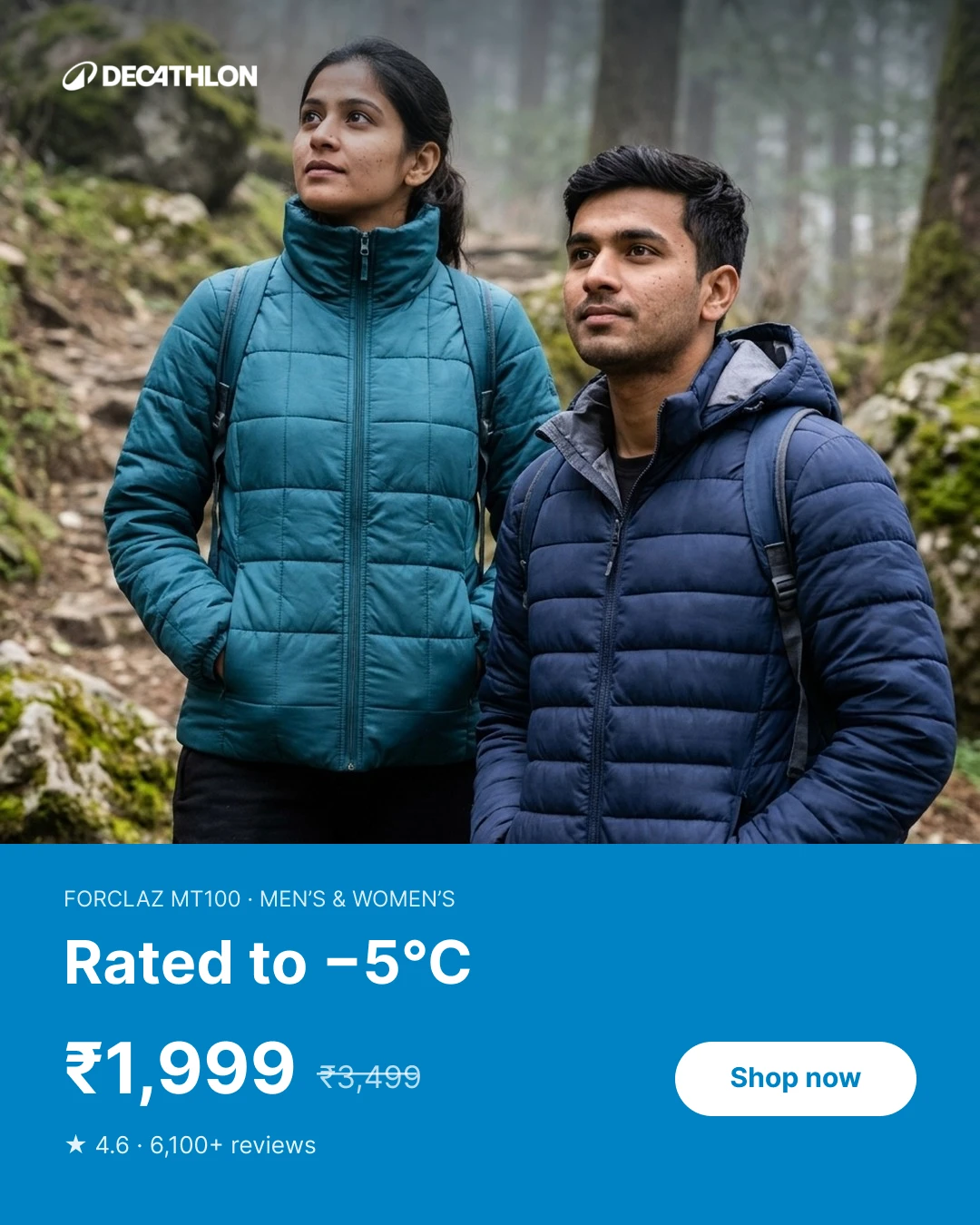 The finished 4:5 ad: one photograph of two trekkers, rated to minus five degrees, 1,999 rupees against a struck through 3,499, and a 4.6 star rating from 6,100 reviews.