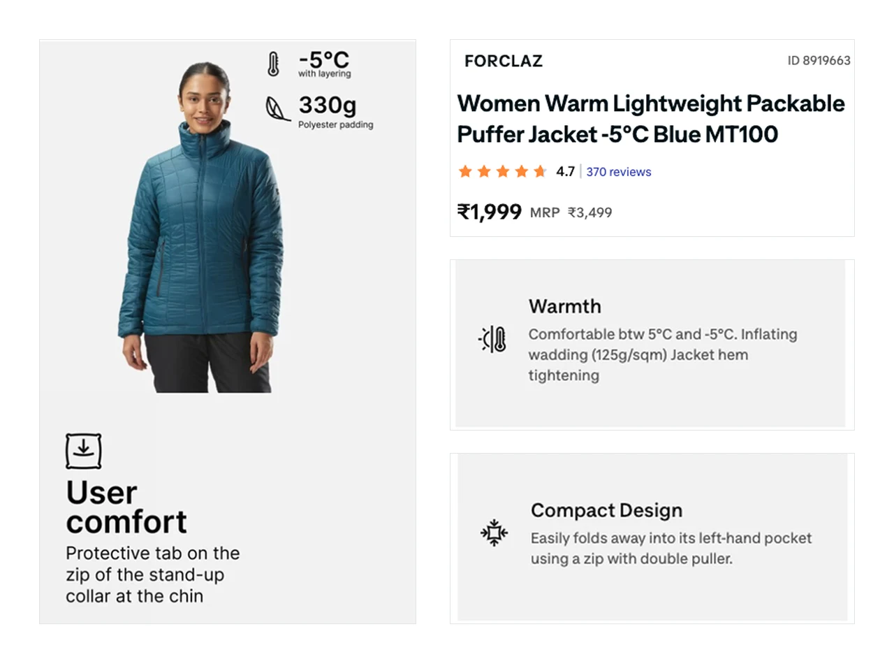 The Decathlon product page for the Forclaz MT100 women’s puffer: spec graphics for minus five degrees with layering and 330 gram polyester padding, beside the listing showing 4.7 stars from 370 reviews and 1,999 rupees against an MRP of 3,499.